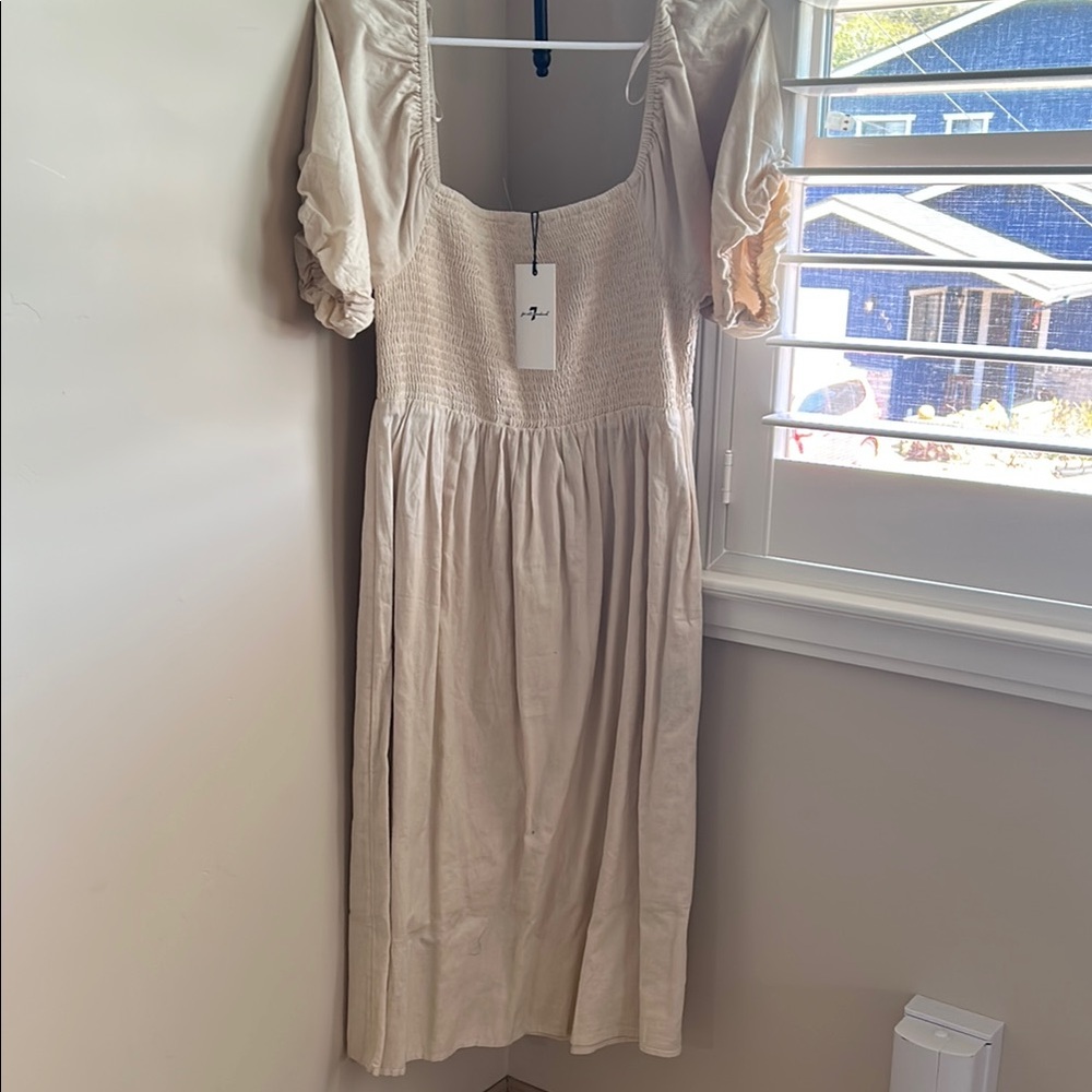 7 For All Mankind Tan Puff Sleeve Midi Dress